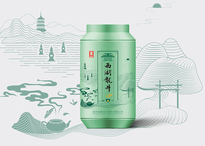 貢牌龍井鐵罐茶葉包裝設計